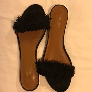 Black suede flat fringe sandals